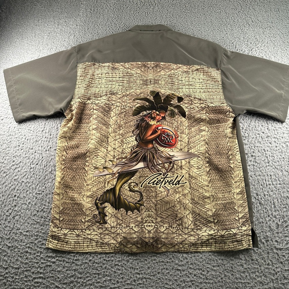 Rietveld Shirt Mens L Camp Button Up Olive Mermaid on Surfboard Print USA